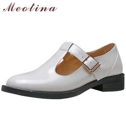 Meotina Women Shoes Natural Genuine Leather Low Heels Fashion T-tied Square Heel Pumps Buckle Round Toe Ladies Footwear White 40 210608