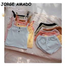 Summer Baby Girls Pajamas Sets Solid Color Sling Vest +Triangle Shorts Home Suits Sleep Wear Kids Clothes E09 210610