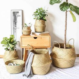 Handmade Seagrass Wickerwork Basket Rattan Hanging Plant Flower Pot Dirty Laundry Hamper Storage Home Garden Decorations 210609