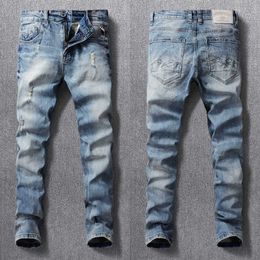 European Vintage Fashion Men Jeans High Quality Retro Light Blue Elastic Slim Ripped Korean Style Casual Denim Pants EG7O