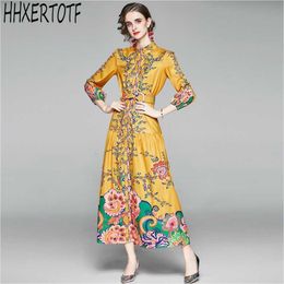 autumn Fashion Floral Print Women Vintage Maxi Dress Runway Long Sleeve Belt 210531