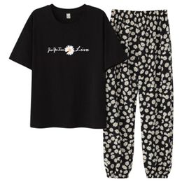 100% Cotton Sleepwear Women Short Sleeve Shirt Pants 2Piece/Set Casual Print Pyjama Set Sleep Tops 210831