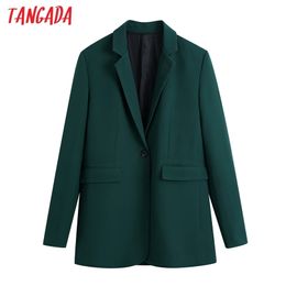 Tangada Women Office Wear Single Button Green Blazer Coat Vintage Long Sleeve Back Vents Female Outerwear Chic Veste BE413 211019