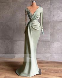 Sexy Sage Mermaid V Neck Evening Dresses Long Sleeve Beaded Middle East Dubai Robe De Soiree Prom Party Gowns