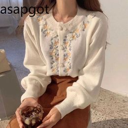 Korean Chic Autumn Winter Wild Sweet Pearl Single-breasted Embroidery Flower Knitted Cardigan Long Sleeve Sweater Loose White 210610