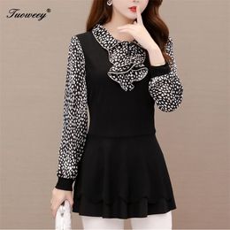 Spring polka dot Women's bow tie elegant plus size Mesh Blouse Women Tops Long Sleeve loose Shining 5XL Shirt Fashion 210317