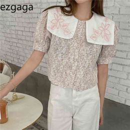 Ezgaga Embroidery Floral Blouse Women Turn-Down Collar Short Sleeve Chic Summer New Korean Fashion Loose Shirts Sweet Girl 210430