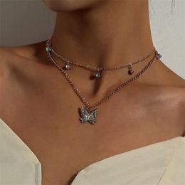 Pendant Necklaces Vintage Butterfly Necklace For Women Double-layer Clavicle Chain Inlay Crystal Charm Choker Party Jewelry Gift