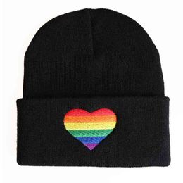 Unisex Rainbow Heart Embroidery Knitted Hat Winter Autumn Pride Beanie Cap Y21111