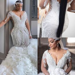 Luxury Plus Size Mermaid Wedding Dresses Bridal Gowns Lace Appliqued Beaded V Neck Long Sleeve Tiered Skirts Ruffles Vestido De Noiva