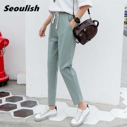 Seoulish Summer Cotton and Linen Women's Pants 2021 New High Waist Lace Up Harem Pants Vintage Female Trouses Pockets Q0801