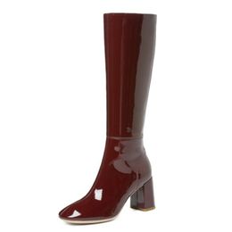 Women Long Boots Real Leather Shine Square Toe Ladies Knee High Boots Fashion Party Women Shoes Footwear Size 34-40