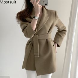 Winter Korean Woolen Suit Jackets Women Belted Long Sleeve Turn-down Collar Outwear Office Fashion Tops Overcoats 210513