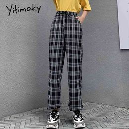 Plaid Pants Women Wide Leg High Waist Plus Size Straight Street Sweatpant Trousers Joggers Vintage Streetwear Loose Clothes 210925