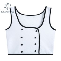 White Square Collar Crop Tanks Tops Women Double Breasted Sexy Slim Camisole Lady Party Club Bar Streetwear Bodycon Elastic Vest 210515