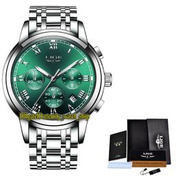 LIGE eternity 9810 Sport Mens Watches Date Green Dial Japan VK Quartz Chronograph Movement Men Watch Steel Case Silver Stainless Bracelet