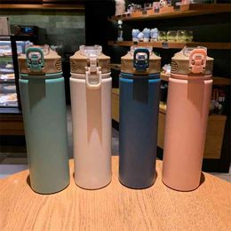 530/750Ml Thermos Mug With Straw Stainless Steel Lid Thermal Insulation Straight Cup Thermal Water Bottle Tumbler Thermocup 210913