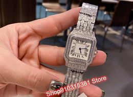 22mm Silver Full Diamond Panthere Watch Stainless Steel Quartz Clock Zircons Panther Square Dial Blue Needle Lady Brand Name Wristwatch