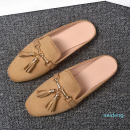 2021 Women's Summer Lazy Slippers Women Vintage Tassels Mules Shoes Outdoor Low Heel Solid Sandals Women Slides Flip-flops Size 32-43