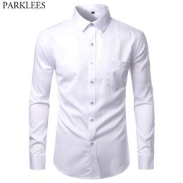 Mens White Bamboo Fibre Dress Shirts Slim Fit Wrinkle Free Casual Shirt Chemise Non Iron Easy Care Elastic Wedding Working Shirt 210708