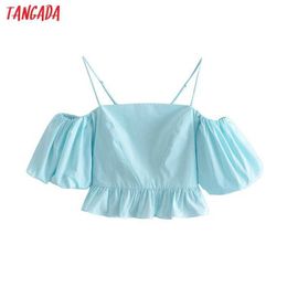 Tangada Women Romantic Blue Cotton Blouse Shirt Off Shoulder Short Sleeve Summer Chic Crop Shirt Tops 3H316 210609