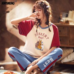 Fashion Printing Cotton Suits Women Set Homesuit Homeclothes Short Sleeve Long Pants Casual Sleepwear Kawaii Teen Girls Pyjamas 210622