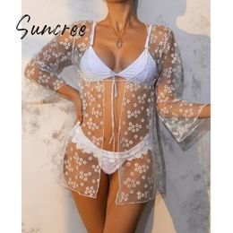 Fashion Floral Cover Ups For Swimwear Women Summer Clothes Lace-up Bathing Suit Mesh Swimsuit Up Women's