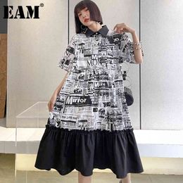 [EAM] Women Black Letter Print Ruffle Bgi Size Dress Lapel Short Sleeve Loose Fit Fashion Spring Summer 1DD7408 21512