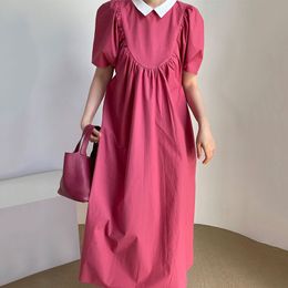 Korean Casual Elegant Fashion Loose Rose Red Solid Colour Stitching Ruffled Puff Sleeve Robe Dress Women Summer 16W935 210510