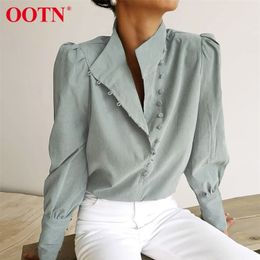 OOTN Elegant Turtleneck Blouse Long Sleeve White Shirt Office Ladies Top Casual Solid Single-Breasted Puff Sleeve Womens Blouses 210323