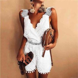 White Lace Summer Romper Female Overalls Sleeveless Hollow Out Backless Embriodery Playsuit Beach 210427