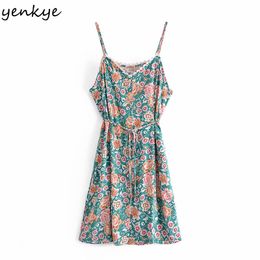 Vintage Floral Print Sexy Sling Short Dress Women Holiday Casual Boho Beach Summer Vestido 210430