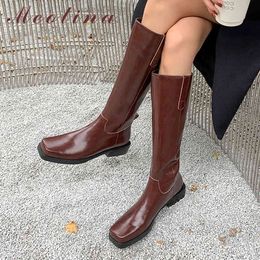 Med Heel Woman Boots Real Leather Knee High Thick Shoes Square Toe Ladies Long Autumn Winter Brown 39 210517
