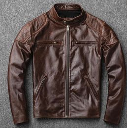Motorcycle Jacket 100% Cowhide Brown Mens Leather Coat Biker Casual Tops Slim Fit Overcoat Outerwear Streetwear Plus Size S-4XL