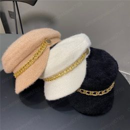 winter Imitation mink velvet Golden metal chain Beret cap lady solid Colour hat women visors caps