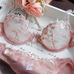 Logirlve Exquisite embroidery lotus pink ultra-thin women's sexy transparent lace underwear bra set 211104