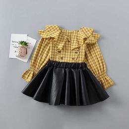 2-7 years high quality girl clothing set spring autumn fashion plaid shirt + leather skirt kid children girls 210615
