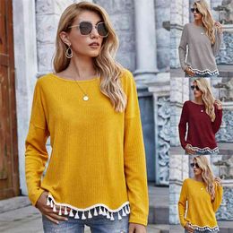 Fall/winter Style Women's Tops Drop Shoulder Long Sleeve Tassel T-shirt Women Round Neck Solid Colour Stitching T-shirts 210517