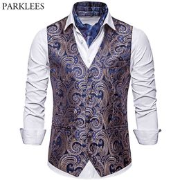 Single-Breasted Cashew Flower Priting Suit Vest Men's Brand Fashion Slim Fit Wedding Host Party Bar Vests Men Clothing 210524