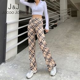 Jocoo Jolee Women Spring Autumn Casual Plaid Straight Pants Neutral wind Sexy Safari Style Irregular High Waist trousers 210518