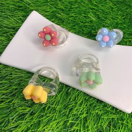 10PCS Korean Colorful Flower Resin Beads Sunflower Rings 2021 for Women Summer Party Jewelry Gifts