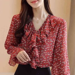 Long Sleeve Blouse Women Blusas Mujer De Moda Ruffles V-Neck Red Print Chiffon Blouse Shirt Tops Women Clothing Blusa D824 210426