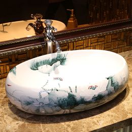 Jingdezhen factory directly ceramic hand painted porcelain wash basin bathroom sinks oval lotus pattern