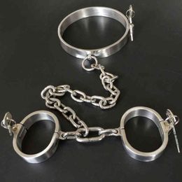 NXY Sex Adult Toy Hand Neck Bondage Cuffs Games Metal Restraints Stainless Steel Bdsm Collar Chain Handcuffs for Torture Tools1216