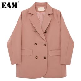 [EAM] Women Pink Big Size Double Breasted Blazer Lapel Long Sleeve Loose Fit Jacket Fashion Spring Autumn 1DD6911 21512
