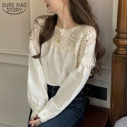 Plus Size Spring Lace Women Blouse O Neck Crochet Hollow Stitching Shirt Korean Style Apricot Gentle Long Sleeve Tops 13354 210508