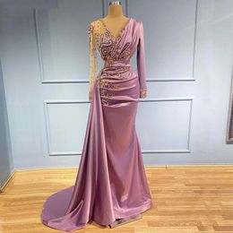Light Purple Mermaid Evening Dresses 2022 Sheer V Neck Appliqued Beaded Long Sleeve Formal Prom Party Second Reception Gowns 322