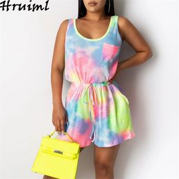 Rumpers For Women Sleeveless Tie Dye Pocket Lacing Up Plus Size Jumpsuit Streetwear Summer Casual Fashion Jumosuit 210513