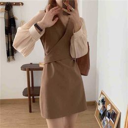 French V-Neck Patchwork High Waist Femme Girls Cross Chic All Match Fashion Mini Dresses Brief Vestidos 210525