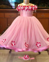 2021 Pink Hand Made Flowers A-line Flower Girl Dresses Fashion Tulle Elegant Lilttle Kids Birthday Pageant Weddding Gowns